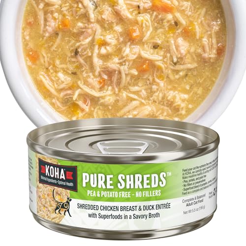 KOHA Pure Shreds Chicken and Duck Entrée for Cats, High Protein Wet Cat Food, 5.5oz Cans (Pack of 12)