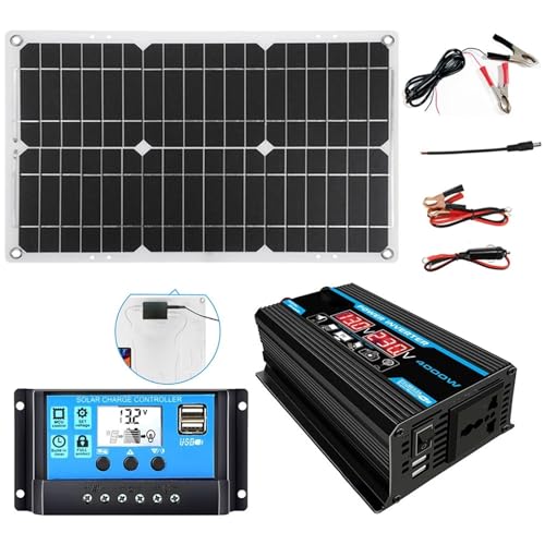 Kit Completo De Generador Solar De 4000 Vatios Inversor De 12 V A 110 V/220 V Con Regulador De 30 A Y Paneles Solares De 18 W Para Copias De Seguridad En El Hogar, Vehículos Recreativos(Black,12V-110V