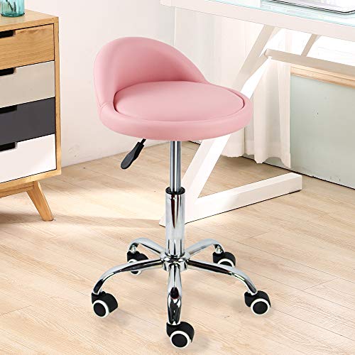 Kktoner Pu Leather Round Rolling Stool With Back Rest Height Adjustable Swivel Drafting Work Spa Task Chair With Wheels Pink #TOP1