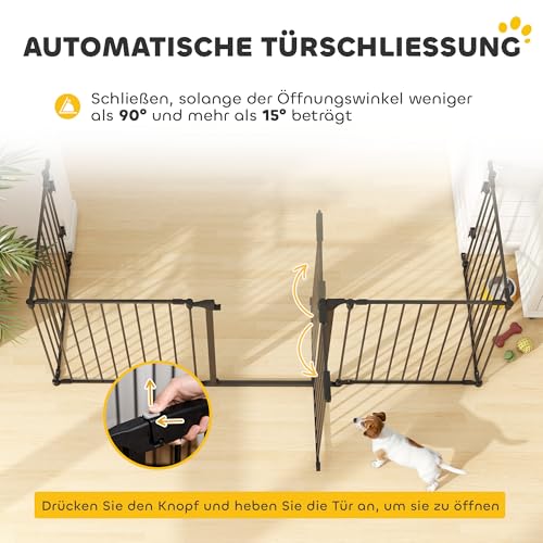 PawHut Welpenauslauf 5-TLG Klappbar Absperrgitter Hund mit Tür, DIY Welpenlaufstall Kaminschutzgitter Ofenschutzgitter für kleine und mittelgroße Hunde, 300 x 74,5 cm, Metall, Schwarz