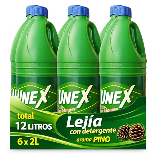 Lejía con Detergente Pino, Desinfectante Superficies, Uso en Baño, Cocina, Azulejos, Suelos, Aptas para Desinfección y limpieza, Combate los malos olores con fragancia fresca, 6 botellas de 2 Litros