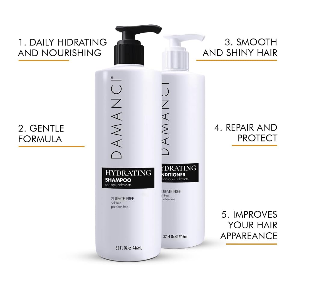 Damanci Hydrating Shampoo and Conditioner Duo, Sulfate Free Shampoo and Conditioner for Dry Hair, with Keratin and Collagen, Paraben and Salt Free, Travel Size (2.3 oz)