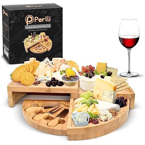 Perlli Bamboo Cheese Board & Knife Set, Large Folding 18 Inch Round Wood Rotating Charcuterie Board Set Cheese Meat Wine Serving Tray Platter, Home Decor Set Cover