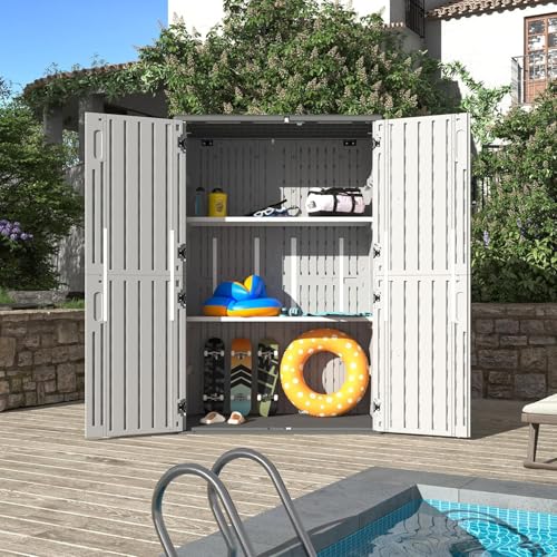 Image of Aoxun 1800L Outdoor Storage Shed with Floor and 2 Shelves, Waterproof Horizontal Resin Cabinet for Garage Storage, Pool Storage, Tool Storage, Garden Shed