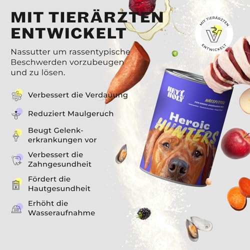 HEY HOLY Premium Nassfutter für große Jagdhunde 100% getreidefrei | 6X 400g Hundefutter für ausgewachsene große Jagdhunde mit Ente | Hochverträglich aus natürlichen Zutaten