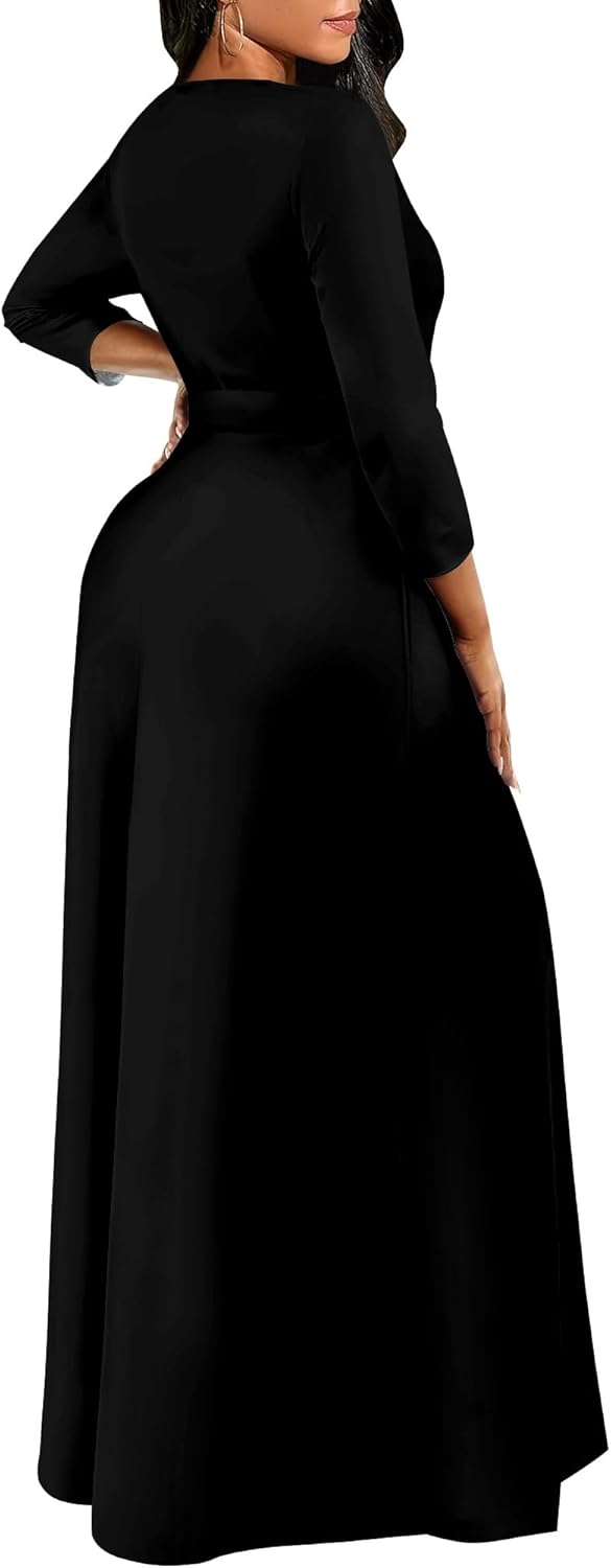 Elegant Women's Boho Maxi Dresses Solid Color 3/4 Sleeve Beach Sundress 2026 Spring Fall Casual Loose Swing Dress - Image 3