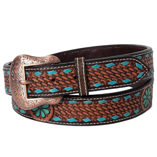 Brown Turquoise Buckstitch Flower Basket Hand Tooled Fashion Premium Leather Belt Unisex Western Removable Buckle