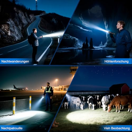 Taschenlampe LED Extrem Hell USB C Aufladbar 50000 Lumen 24 Stunden Akkulaufzeit Taschenlampen Zoombare Torch mit 5 Lichtmodi IP67 wasserdicht, Akku Flashlight Taktische für Camping Wandern Notfäll