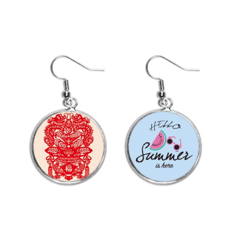 Pendientes de sandía con patrón de dragón rojo chino de hoja 5