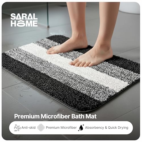 Image of SARAL HOME EASY LIVING Microfiber Striped Rectangle Shaped Anti-Skid Bath Mats|Soft & Super Absorbent Mats for Shower|Washable, Non-Slip & Quick-Drying Mats, 50X70 CM|Set of 2(Turquoise & Black)