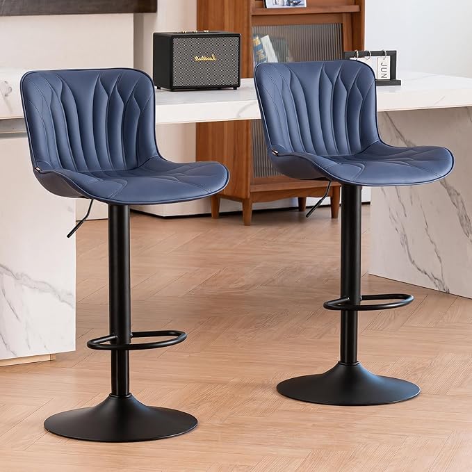 YOUNIKE Juego de 2 taburetes de bar giratorios con respaldo alto, de piel sintética, tapizado, moderno taburete de cocina con respaldo alto, color azul marino