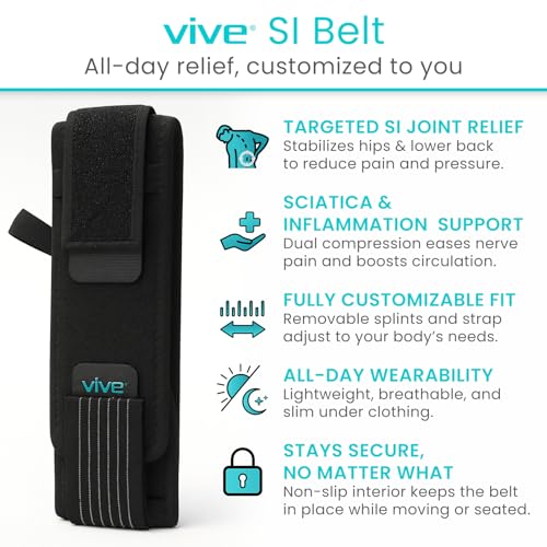 Vive Sacroiliac SI Joint Hip Belt for Women & Men - Lower Back Support for Sciatica, Sacral Nerve, Pelvic Floor, Scoliosis, Anterior Pelvis Tilt Pain Relief - Adjustable Compression Brace (Up to 45")