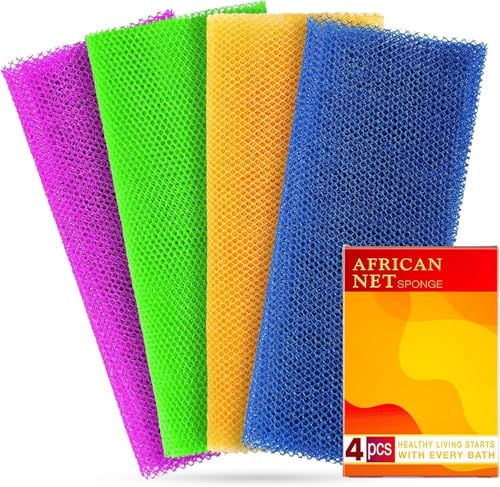 Esponja africana para exfoliación profunda, 4 esponjas africanas auténticas, paño exfoliante, red exfoliante africana de larga duración para una piel suave y limpieza (morado, verde, naranja, azul)