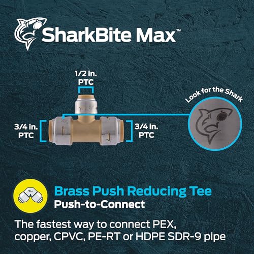 Image of SharkBite Max 3 /4 Inch x 3 /4 Inch x 1 /2 Inch Reducing Tee, Push To Connect Brass Plumbing Fitting, PEX Pipe, Copper, CPVC, PE-RT, HDPE, UR412A