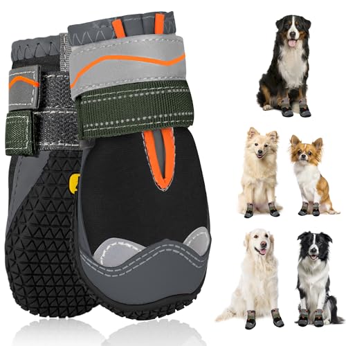 SlowTon Dog Boots for Injured Paws Waterproof, Paw Protector for Rainy Winter Snow Puppy Shoes with Reflective Strip Dual Adjustable Washable Non-Slip Walking Boots for Small Medium Large Dogs