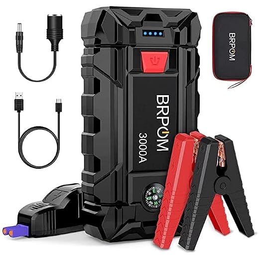 BRPOM Avviatore Batteria Auto, 3000A 26800mAh Avviatore di Emergenza per Auto/Moto, (Motori Fino a 10.0L Gas o 8.0L Diesel) Torcia a LED,Porta USB da per Smartphone (3000A)