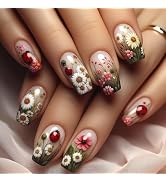 Flower Press on Nails Short Coffin Daisy Fake Nails Full Cover with Flower Sea Ladybug Designs Cu...