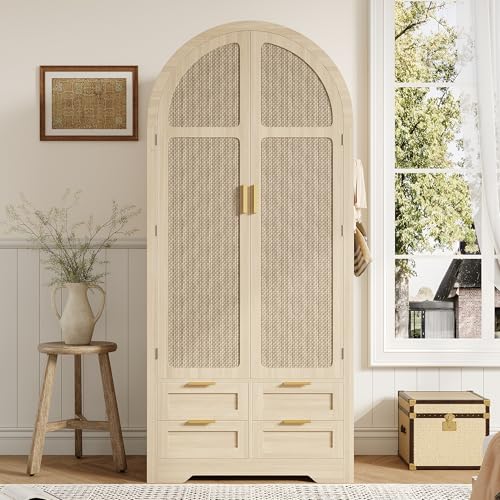 Soweiz Armario moderno con puertas curvas, amplio espacio de almacenamiento, con barra para colgar y cajones, adecuado para dormitorios y áreas de entrada (roble)