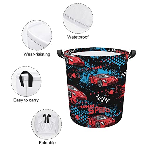 Red Cars Pattern Laundry Baskets Cartoon Racing Car Waterproof Collapsible Laundry Hamper With Handles Round Toy Bin For Dirty Clothes,Kids Toys,Bedroom,Bathroom #TOP3