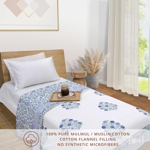 Image of TOAIArt Premium Jaipuri Dohar | AC Blanket Summer Quilt | Hand Block Printed | 3 Layers | Reversible | 150GSM 100% Mulmul Cotton | 100% Cotton Flannel Filling | Single 60 inch X 90 inch |Mughal Motif