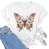 Butterfly T-Shirts for Women - Butterfly and Flowers Print Casual Short Sleeve Top for Insect Lovers