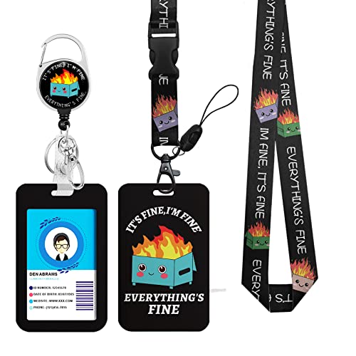 Dumpster Fire Lanyards For Id Badges And Keys, Funny Badge Reel Retractable Heavy Duty With 360° Swivel Carabiner Clip, I'm Fine Id Badge Holder With Breakaway Lanyard, Teacher Nurse Office Gifts #TOP17