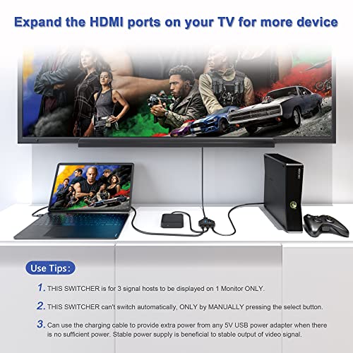 Hxwlo 3 in 1 Out HDMI Switch, 4K@30Hz Multi-Port Adapter with 1.4 FT HDMI Cable, Supports 3D, HDCP 2.2, Compatible with Xbox - Image 3