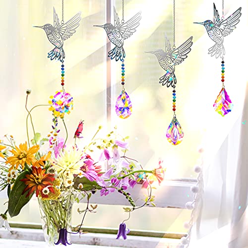 Colorful Crystals Suncatcher Hanging, Hummingbird Rainbow Maker Sun Catcher Prisms Chakra Ball Beads Chain Ornament Pendant Chandelier For Window Car Outdoor Indoor Home Garden Wedding Decor, 4 Pieces #TOP4