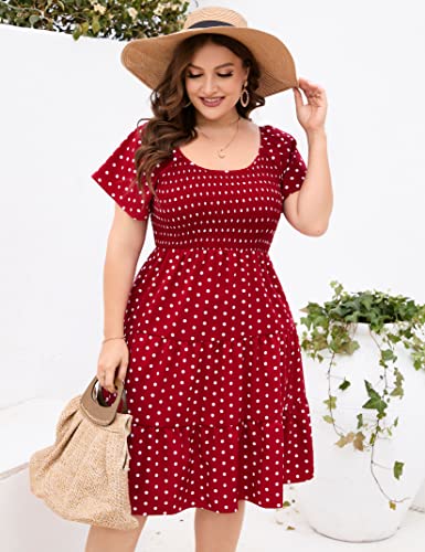 Kojooin Women Plus Size Smocked Short Sleeve Dress Scoop Neck High Waist Ruffle Tiered Casual Midi Dress Red Polka Dot 3Xl #TOP1