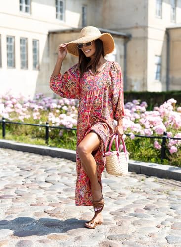 Image of miduo Womens Loose Fit Casual Summer V Neck Half Sleeve Bohemian Geometric Pattern Maxi Long Dresses