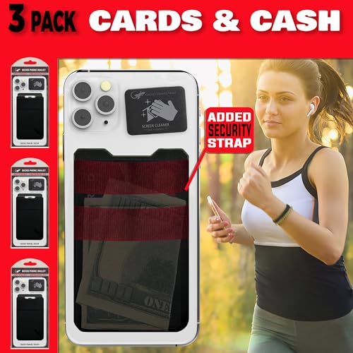 Image of Gecko Travel Tech Double Pocket - Adhesive Card Holder - Cell Phone Pouch - Stick on Spandex Pocket - Carry Credit Cards and Cash (3 Pack - -Blank- Black)