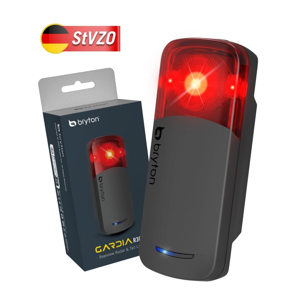 Bryton GARDIA R300D Roue de vélo certifiée StVZO avec feu arrière, modèle Allemand, détection 190 m, Angle de Vue 220°, alertes visuelles et acoustiques, Prise en Charge USB-C, app