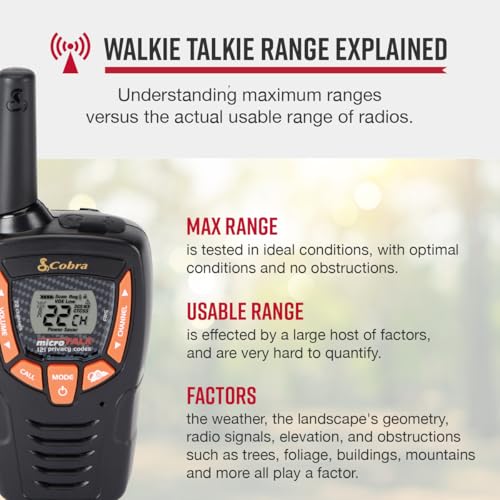 Image of Cobra ACXT390 Walkie Talkies & Compatible Cobra Surveillance Headset - Rechargeable, 22 Channels, Long-Range, 2 Two-Way Radios, 2 Headsets, Black /Orange