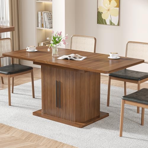 Extendable Dining Room Table for 4-6, 47-65 Inch Rectangle Kitchen Dining Table with Large Storage, Fluted Sliding Door, Expandable Mid Century Modern Dinner Furniture, Living Room, Walnut, Brown