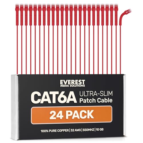 Image of Everest Ultra Slim Cat6a Ethernet Patch Cables 5ft (24-Pack) Red | Bendable, Thin and Flexible