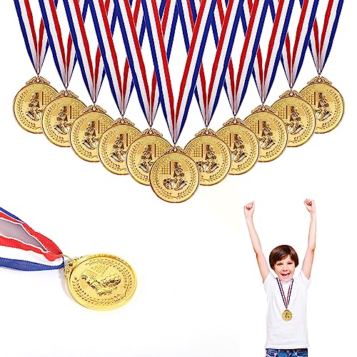 prota Football Medals for Kids, 12 Pcs Gold Football Medals for Children Soccer Football Award with Ribbon for Boys Children Adults Party Favours Toys Prizes Awards for School Sport