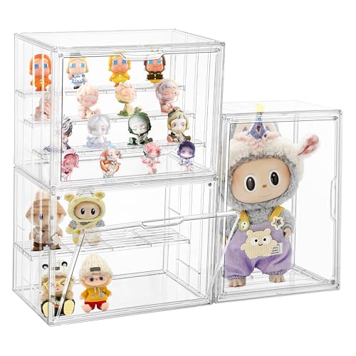 Image of Attelite Acrylic Display Case Compatible with POP MART Labubu Display Case, 4 Tier Figure Clear Cases for Collectibles with 3 Adjustable Divider, 3 Pack Large Storage Box with Magnetic Door