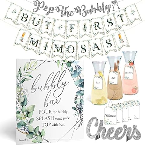 Mimosa Bar Supplies Kit | Bubbly Brunch Decor & Bridal Shower Games Silver, Winter Wonderland Baby Its Cold Outside Baby Shower Decorations Its a Boy Royal King Sign Greenery Momosa Banner (Navy Blue) Cover