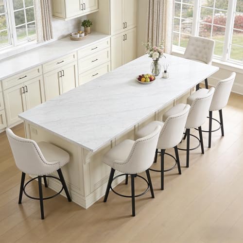 Butacos giratorios de barra, set de 4 unidades, con respaldo acolchado y tapizado en lino, altura para barra (25''), diseño moderno para isla de cocina o bar en casa, color beige miniatura 6
