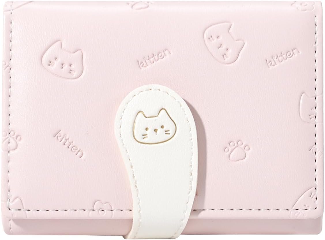 Sunwel FashionGirls Wallets Kitten Embossed Cute Wallet with Cat Print Small Wallet with ID Credit Card Slots for Women (PINK)