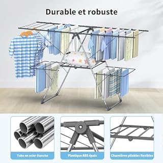 Innotic Étendoir Linge Intérieur Extérieur, Séchoir à Linge Pliable à 2 Niveaux, 4 Ailes Réglables en Hauteur, Tancarville Linge XXL, 33 Barres, Gris
