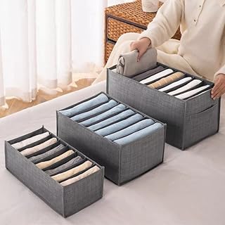 BOXEST 3Pcs/Set Wardrobe Storage Organizer, Clothes Storage Boxes & Wardrobe Drawer Organiser for Pants, Jeans, T Shirt, Underwear, Leggings, Grey,Small, Medium Large