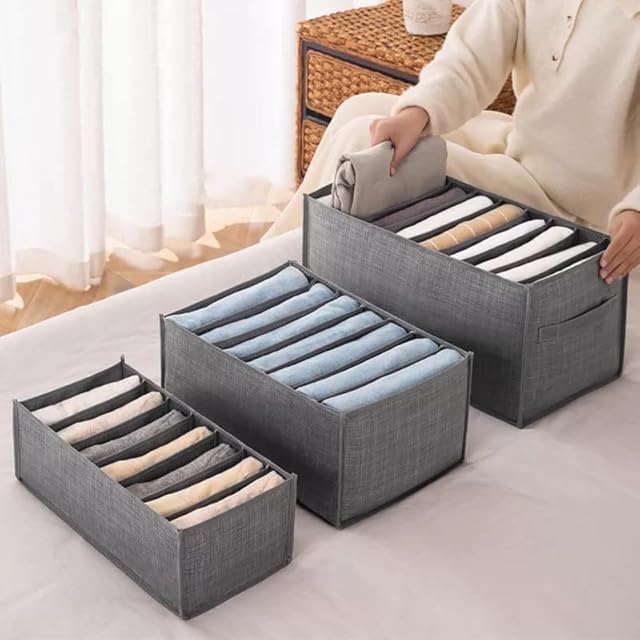BOXEST 3Pcs/Set Wardrobe Storage Organizer, Clothes Storage Boxes & Wardrobe Drawer Organiser for Pants, Jeans, T Shirt, Underwear, Leggings, Grey,Small, Medium Large