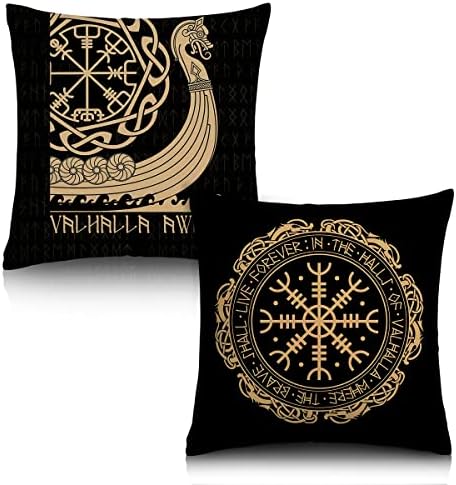 AOOPUC Black Celtic Viking Runic Compass Cushion Cover Throw Pillow Covers Set of 2 Outdoor Circle of Norse Runes Dragons Tattoo Couch Pillow Case Cotton Linen 18 X 18 in for Sofa Bedroom