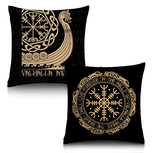 Aoopuc Black Celtic Viking Runic Compass Cushion Cover Throw Pillow Covers Set Of 2 Outdoor Circle Of Norse Runes Dragons Tattoo Couch Pillow Case Cotton Linen 18 X 18 In For Sofa Bedroom #TOP2