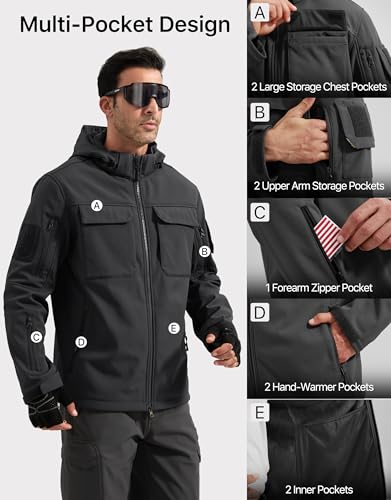 Image of FREE SOLDIER Men's Waterproof Softshell Jacket Fleece Lined Outdoor Jacket Tactical Military Hoodie Windbreaker