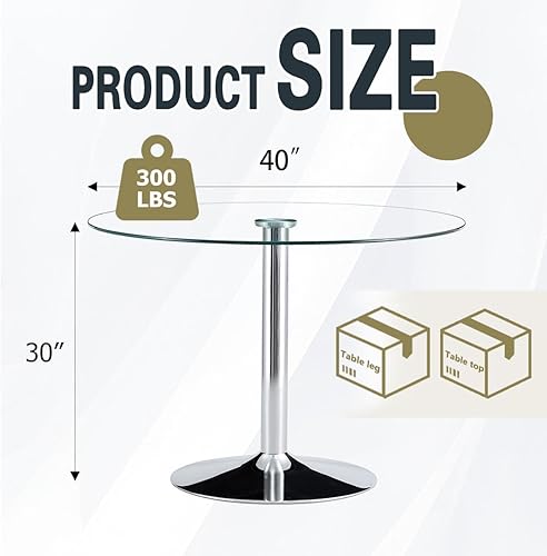 Miniatura 2 de Mesa de comedor de cristal de 40 pulgadas, mesa de comedor redonda con vidrio templado de 0.3 pulgadas y patas de metal cromado, fácil de limpiar,