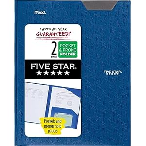 Five Star 2 Pocket Folder, Stay-Put Folder, Plastic Colored Folders with Pockets & Prong Fasteners for 3-Ring Binders, For Home School Supplies & Home Office, 11” x 8-1/2”, Blue (72115)