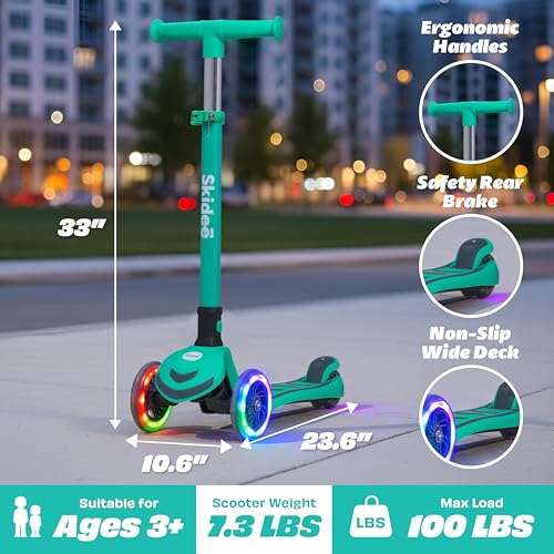 Image of SKIDEE Kick Scooter for Kids Ages 3-5 | Foldable 3 Wheel Scooter with Lean-to-Steer, Adjustable Height, Removable Seat & LED Light Wheels | Toddler Scooter Up to 12 Year Old Boys /Girls