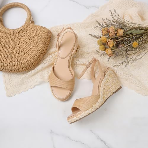 Image of Marc Ford Wedge Sandals For Women Raffia Espadrille Platform Wedges Summer Comfort Sandals Ankle Strap Stylish Open Toe Beach Vcation Raffia Wedges Heels 3 inch